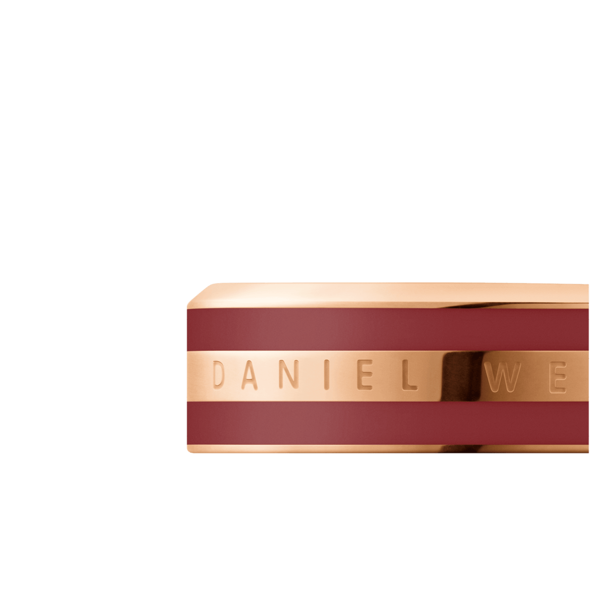 Rose gold Emalie Ring featuring a bold cherry blush enamel band and the engraved Daniel Wellington logo, showcasing a modern yet timeless design.