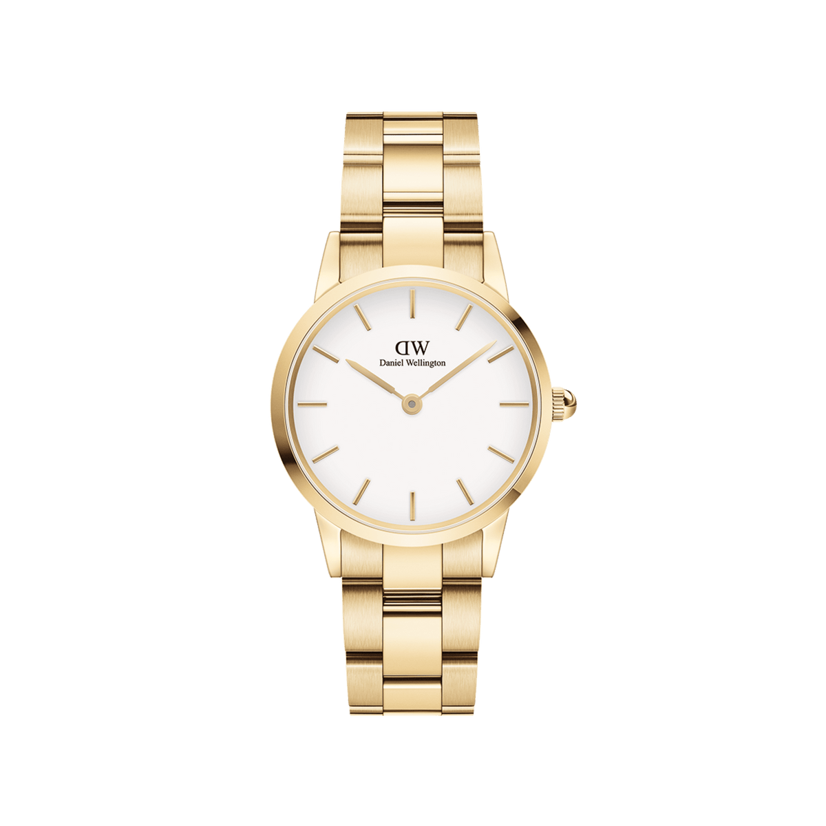 Elegant women’s gold watch with white dial, minimalist gold markers and polished gold link bracelet by Daniel Wellington.