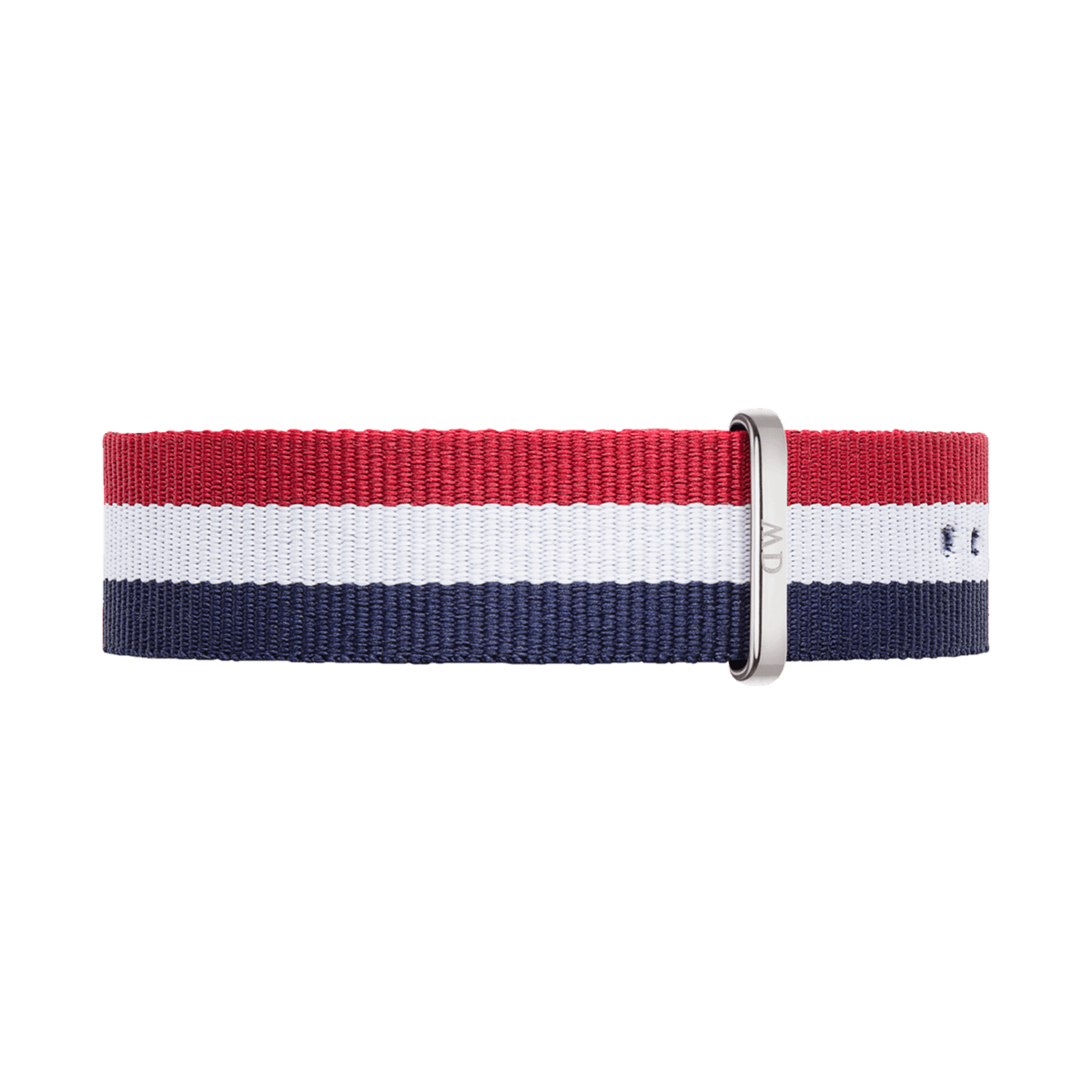 NATO-style watch strap in red, white, and blue stripes with a polished silver buckle, crafted from durable polyester fabric for a comfortable and adjustable fit.
