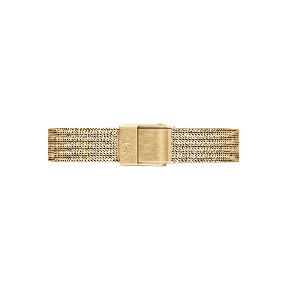 Gold mesh watch strap with a pressed texture and polished fold-over clasp, featuring a refined, fabric-like finish and adjustable fit for Daniel Wellington timepieces.