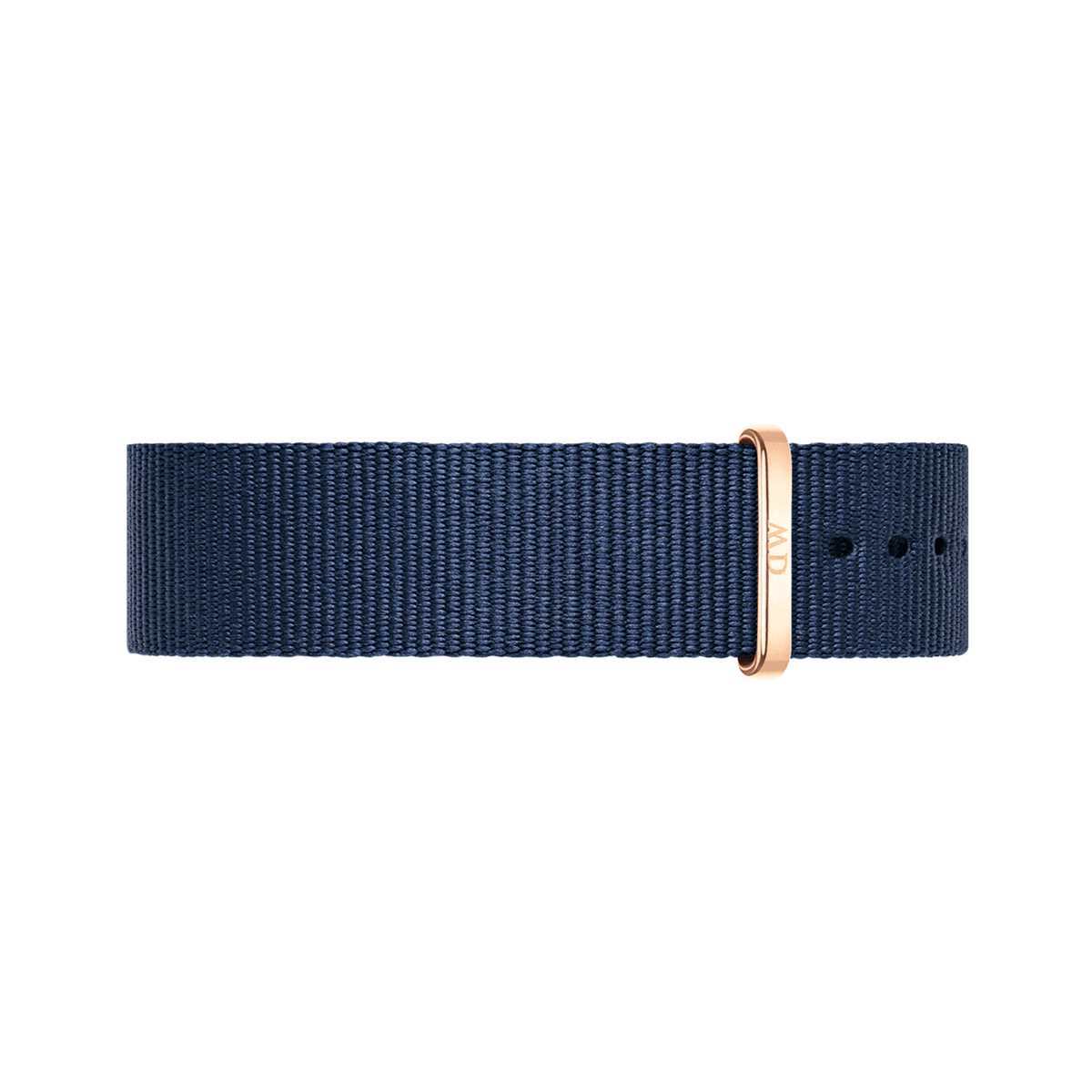 NATO-style watch strap in deep midnight blue polyester with a polished rose gold buckle and keeper, designed for Daniel Wellington watches.