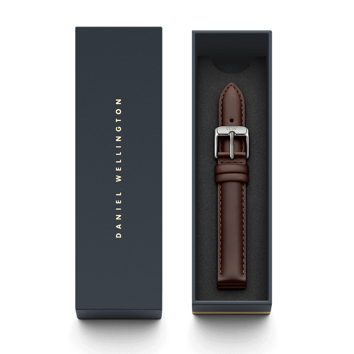 Bristol Strap Silver dark brown leather watch strap with polished silver buckle, presented in an elegant Daniel Wellington gift box.