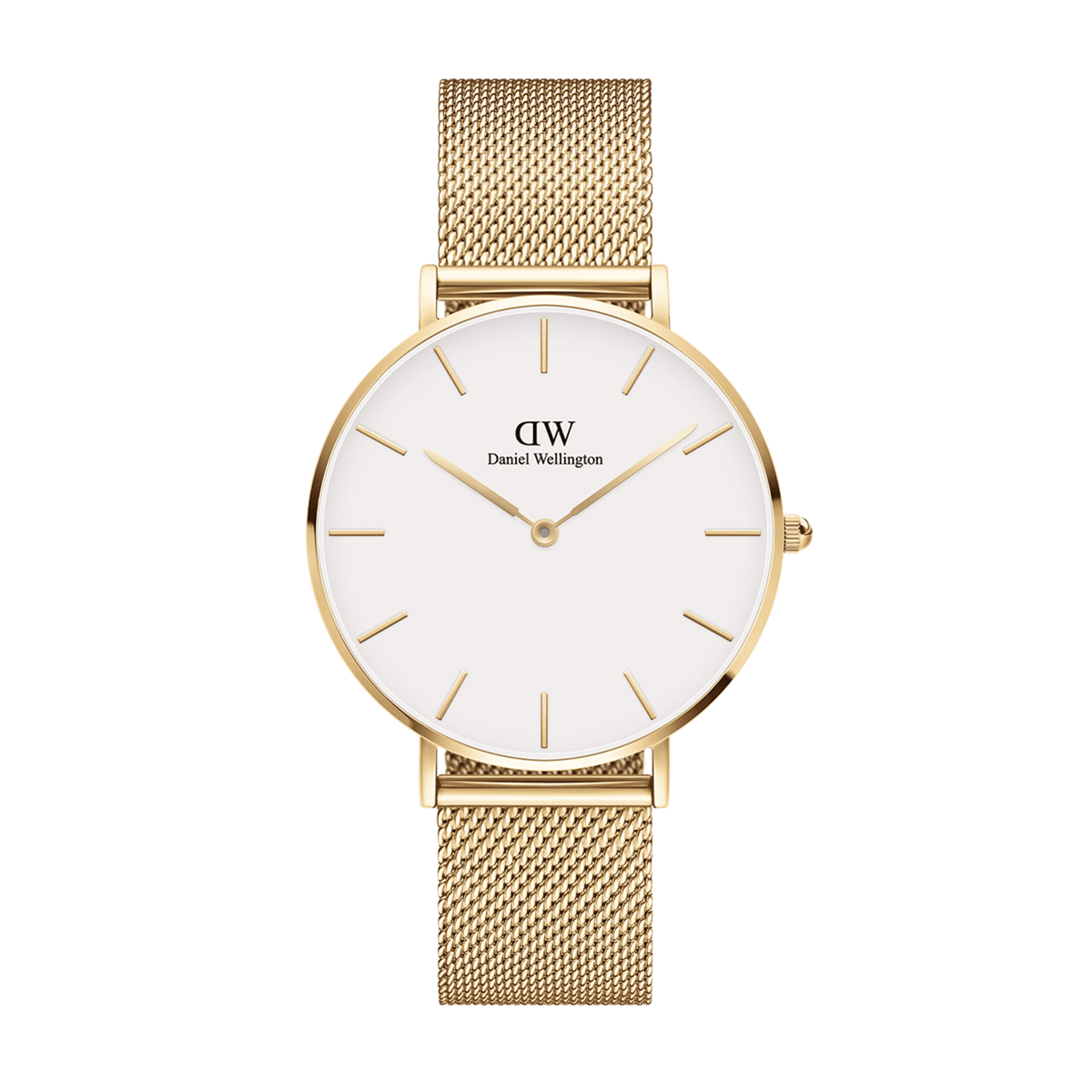 Daniel Wellington Petite Evergold women’s watch with gold mesh strap and minimalist white dial, elegant and modern style.
