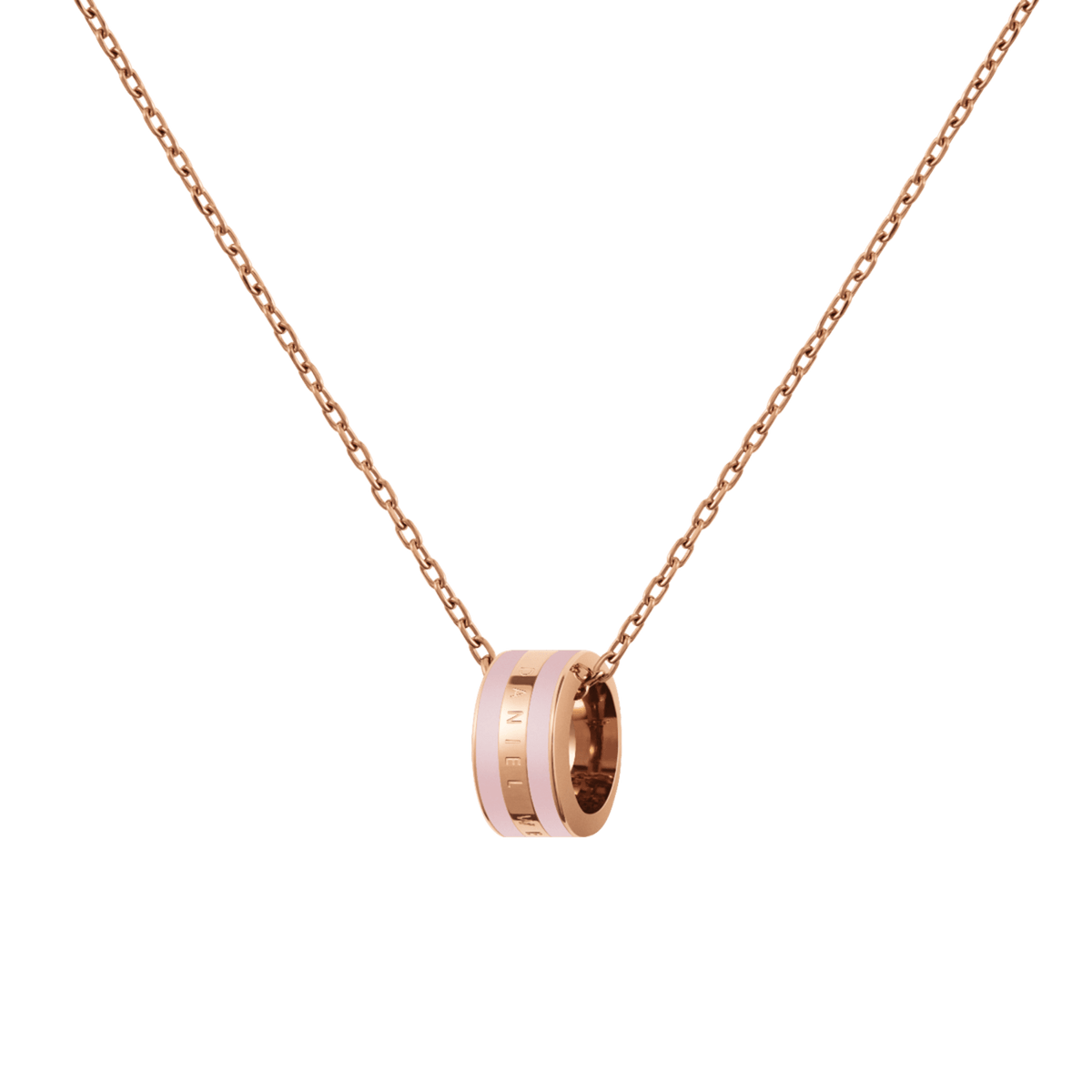 Rose gold necklace featuring a delicate chain and a minimalist ring pendant with cherry blossom pink enamel detailing, crafted from stainless steel for a refined and elegant finish.