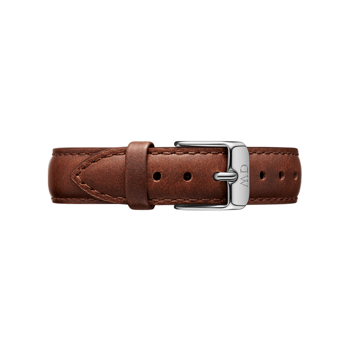 Brown leather watch strap with polished silver buckle, featuring fine stitching and a smooth finish, designed for Daniel Wellington timepieces.