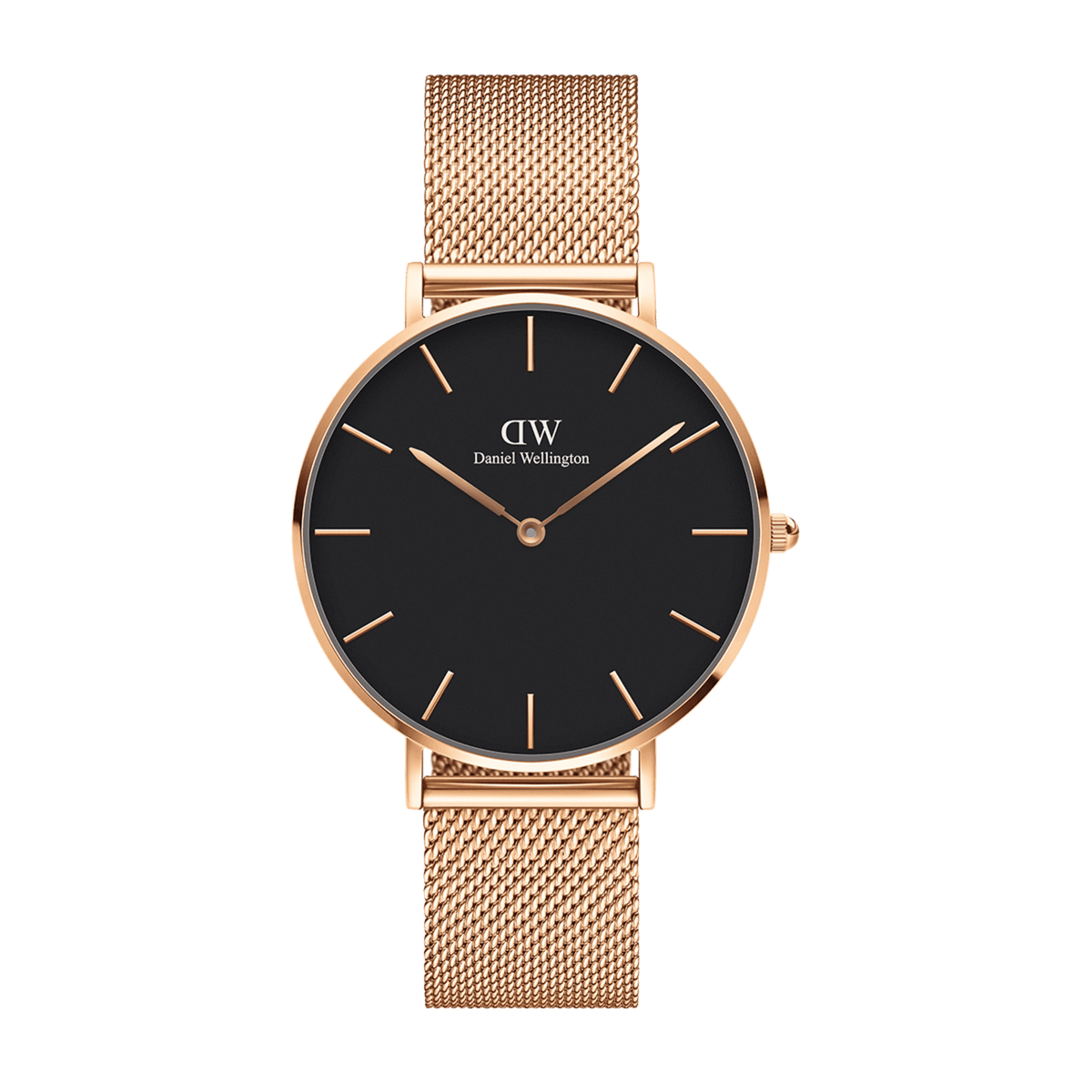 Petite Melrose women’s watch with black dial, rose gold case, and adjustable mesh strap by Daniel Wellington.