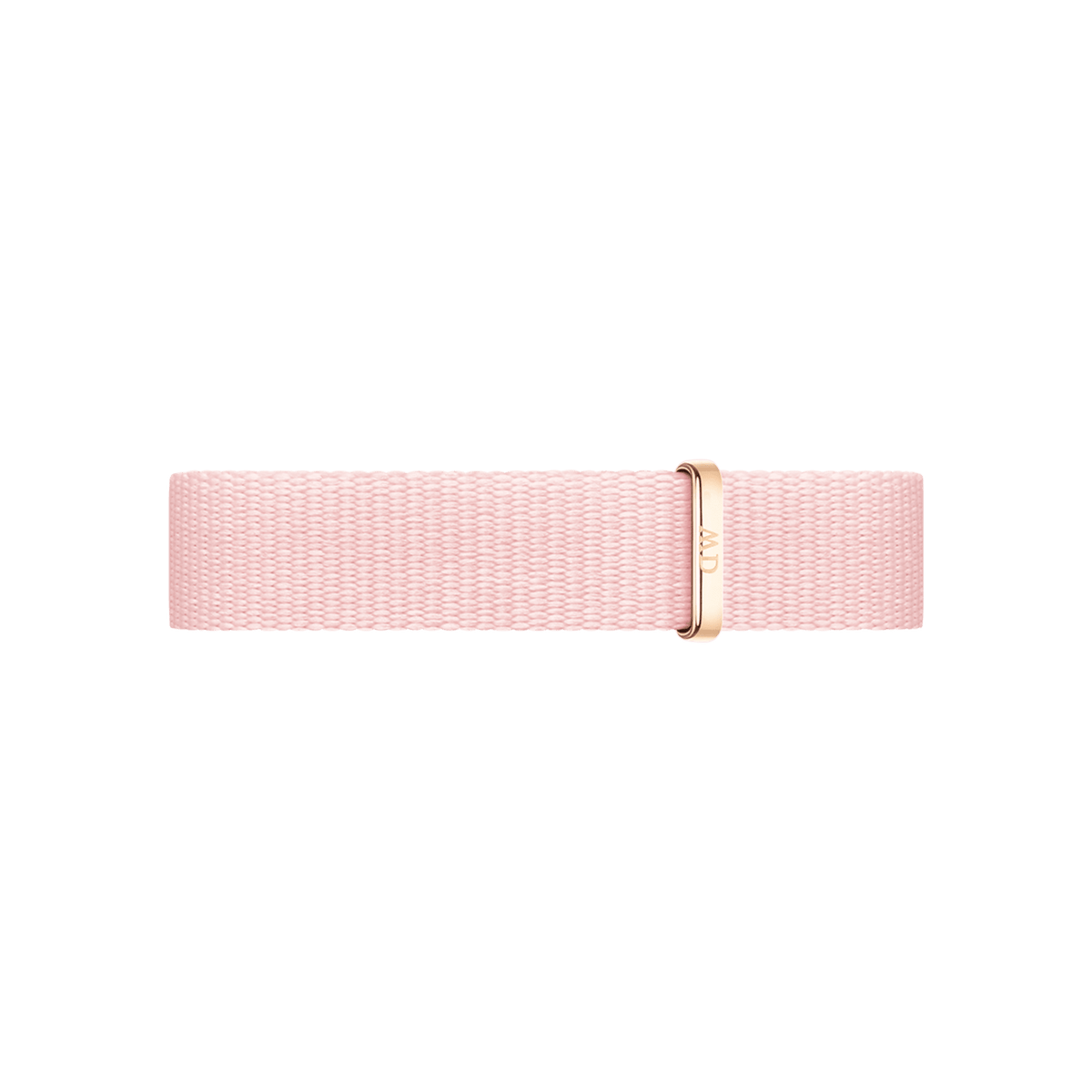 Soft pink NATO-style watch strap made from recycled polyester, featuring a slim profile and a rose gold buckle for a refined, modern look.