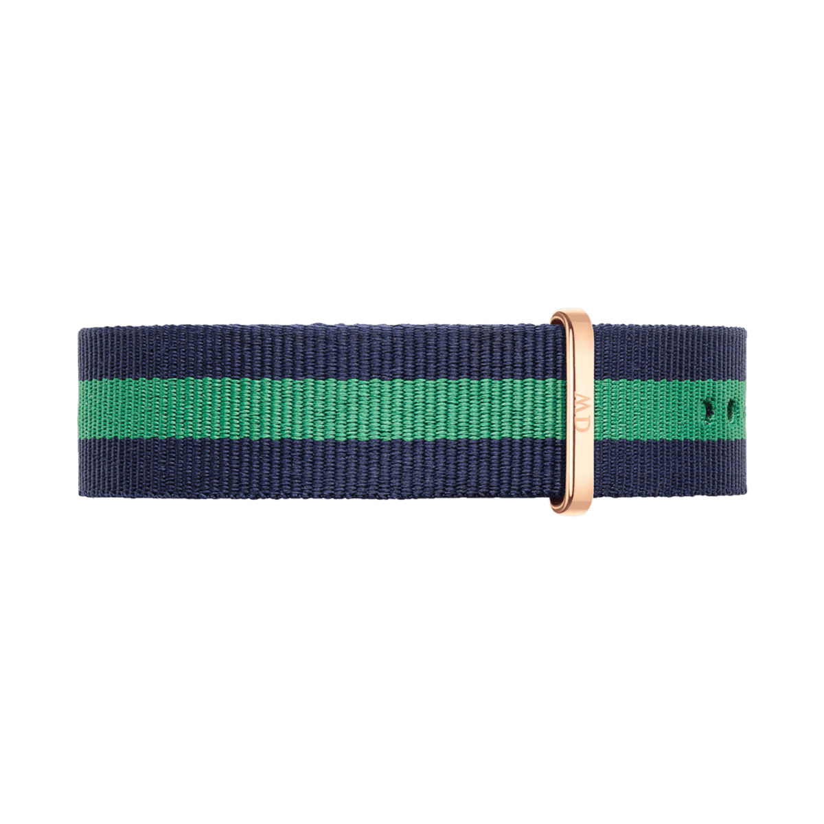Navy blue and green striped NATO watch strap in durable polyester, featuring a rose gold buckle and hardware, designed to fit Daniel Wellington watches.