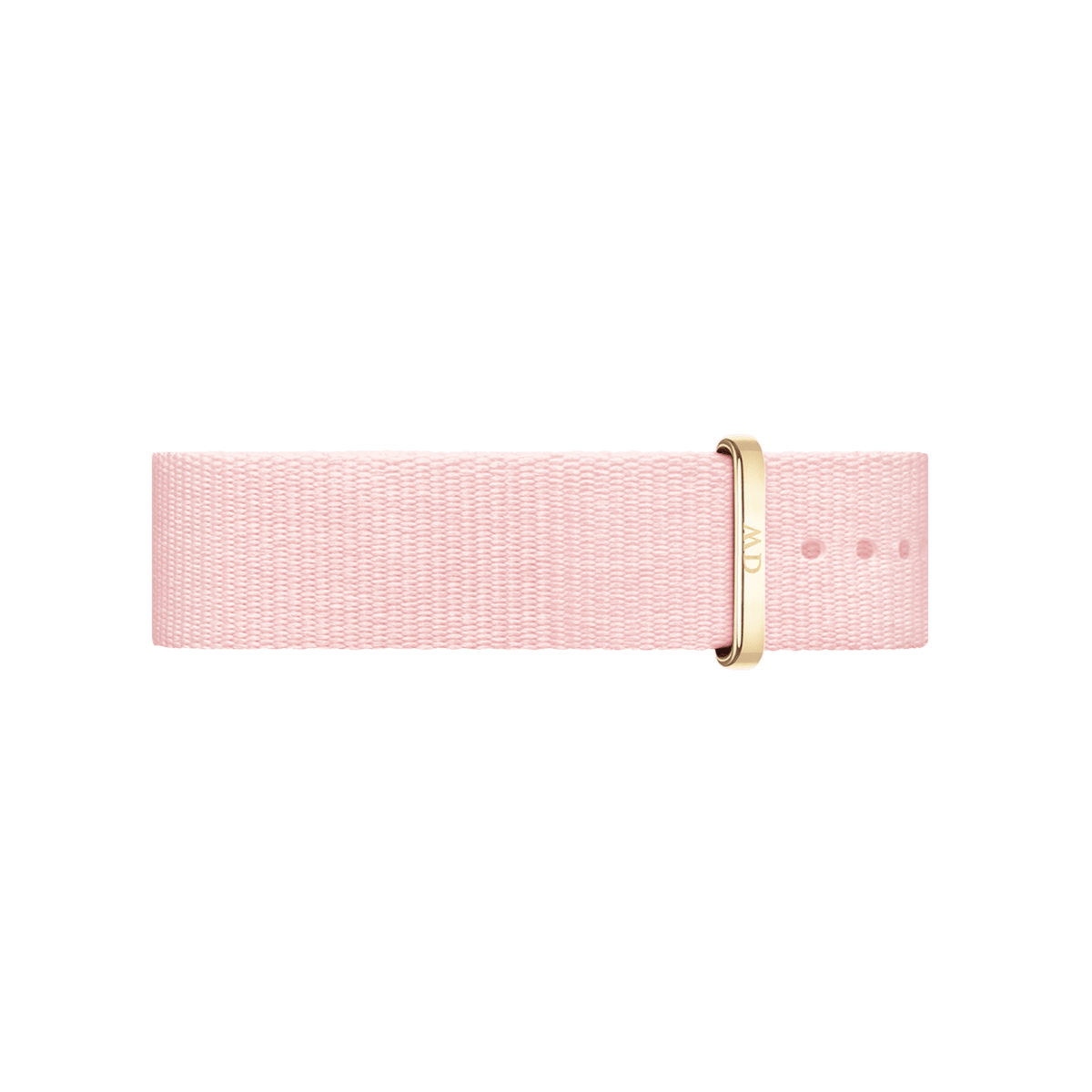 Pastel pink NATO watch strap made from recycled polyester, featuring a gold buckle and hardware with subtle branding, designed for a Daniel Wellington timepiece.
