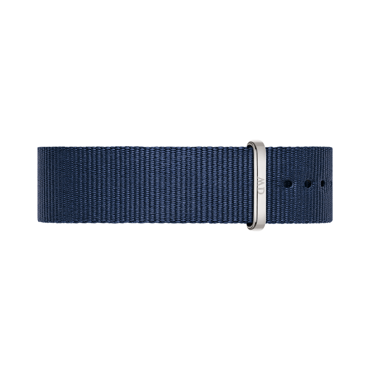 Midnight blue NATO-style watch strap made from durable polyester, featuring polished silver hardware and an adjustable buckle for a comfortable, personalised fit.