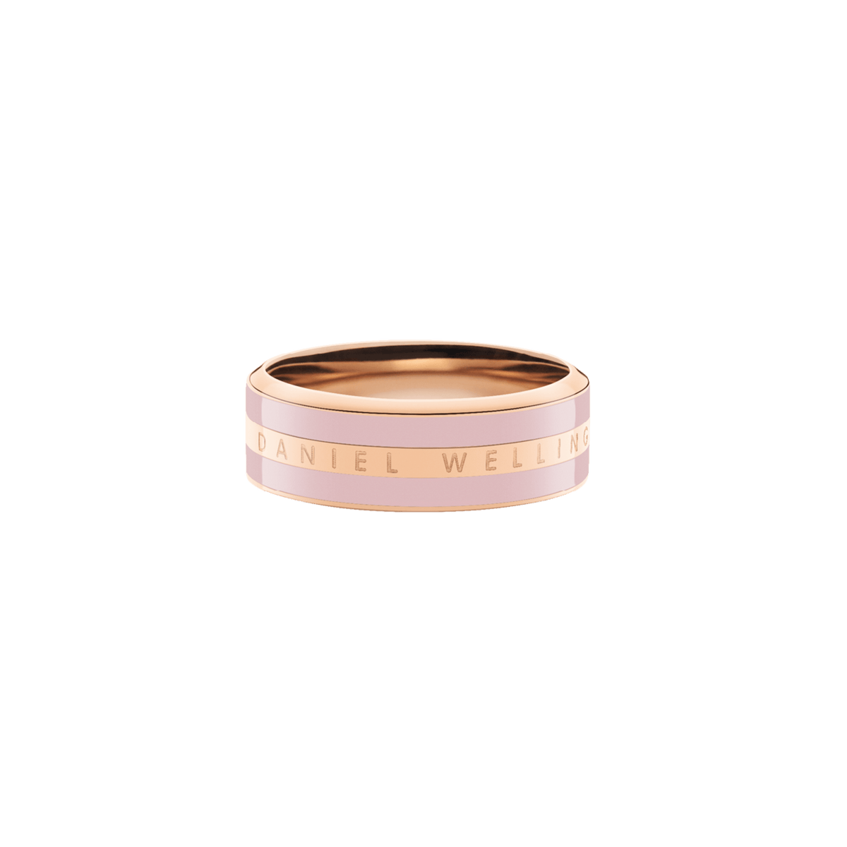 Rose gold Emalie Ring with a cherry blossom pink enamel band and the Daniel Wellington logo engraved around the outer edge, showcasing a sleek and modern design.