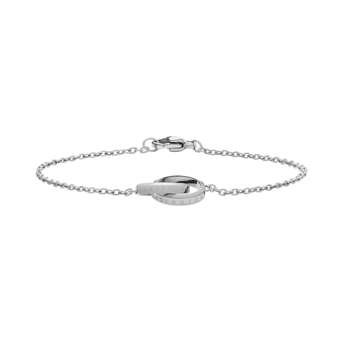 Delicate silver bracelet featuring two interlocking rings on a fine chain, crafted from polished stainless steel with subtle engraving.