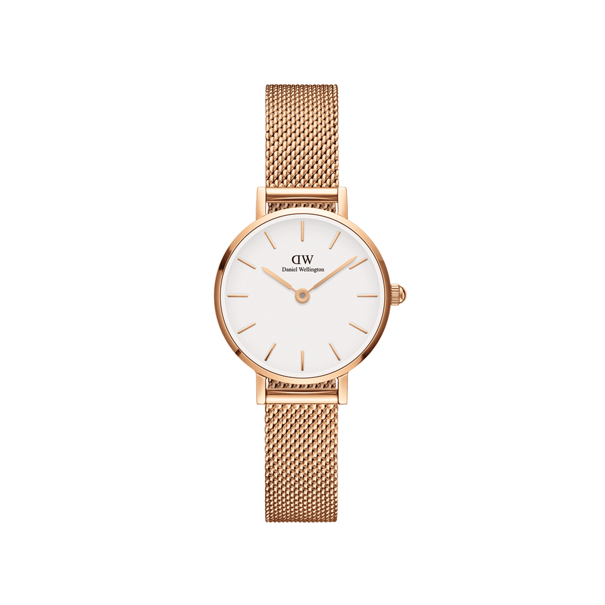 Rose gold Daniel Wellington Petite Melrose women’s watch with mesh strap, minimalist white dial, and slender hour markers.