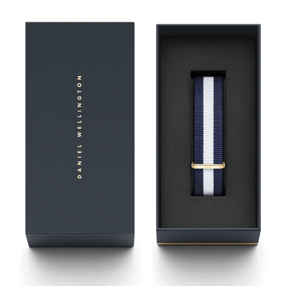Daniel Wellington Glasgow Strap Rose Gold presented in a branded gift box, featuring a navy and white striped NATO design with a rose gold buckle, ideal for gifting or updating your watch.
