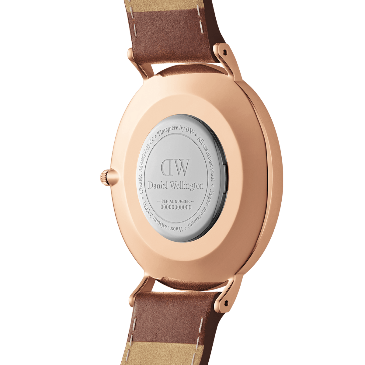Back view of the Classic St Mawes Arctic Rose Gold watch, showing the engraved stainless steel caseback, rose gold casing, and brown genuine leather strap with neat stitching. The detailing highlights the watch’s craftsmanship and water resistance.