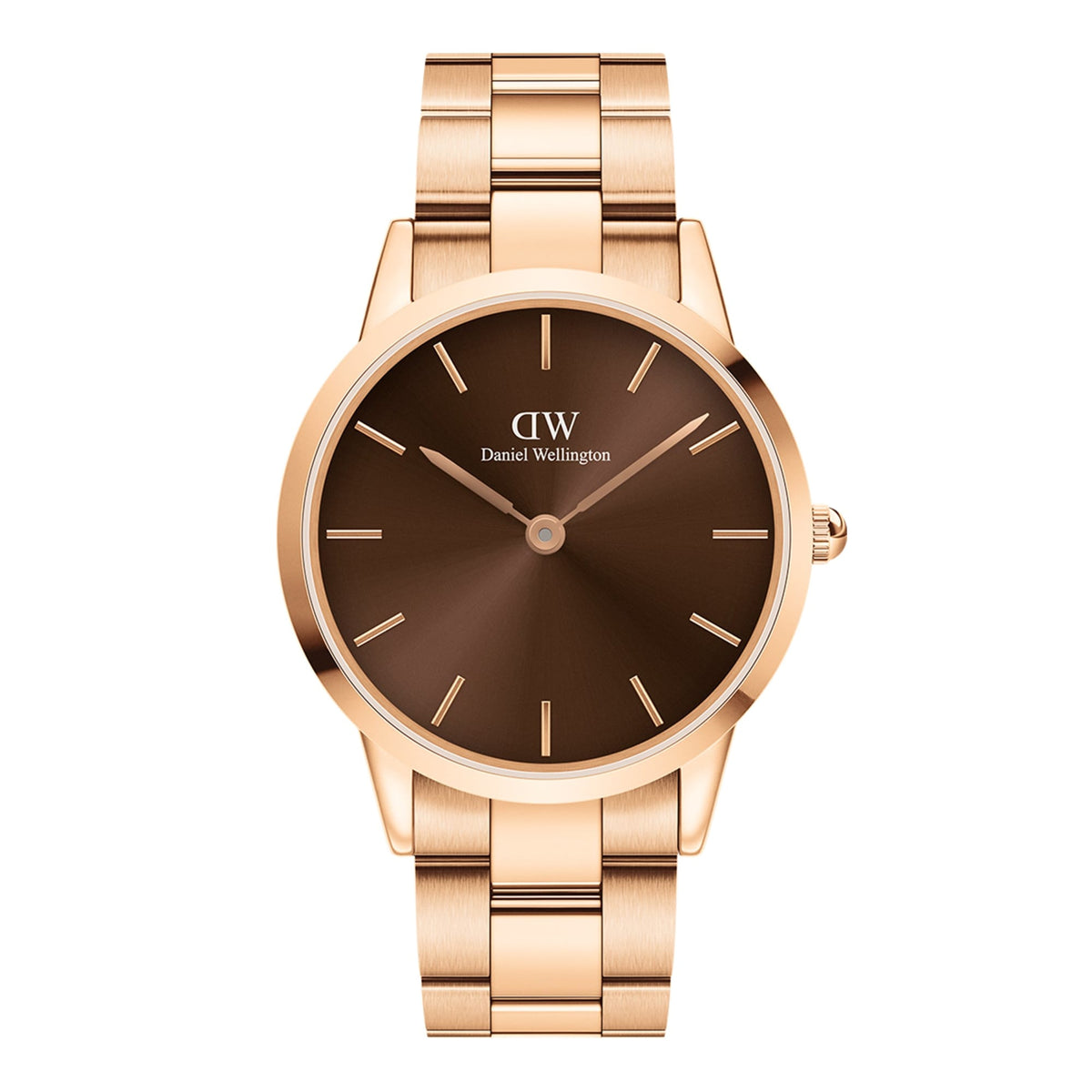 Daniel Wellington Iconic Link Amber watch with a polished rose gold stainless steel bracelet and a minimalist amber brown dial.