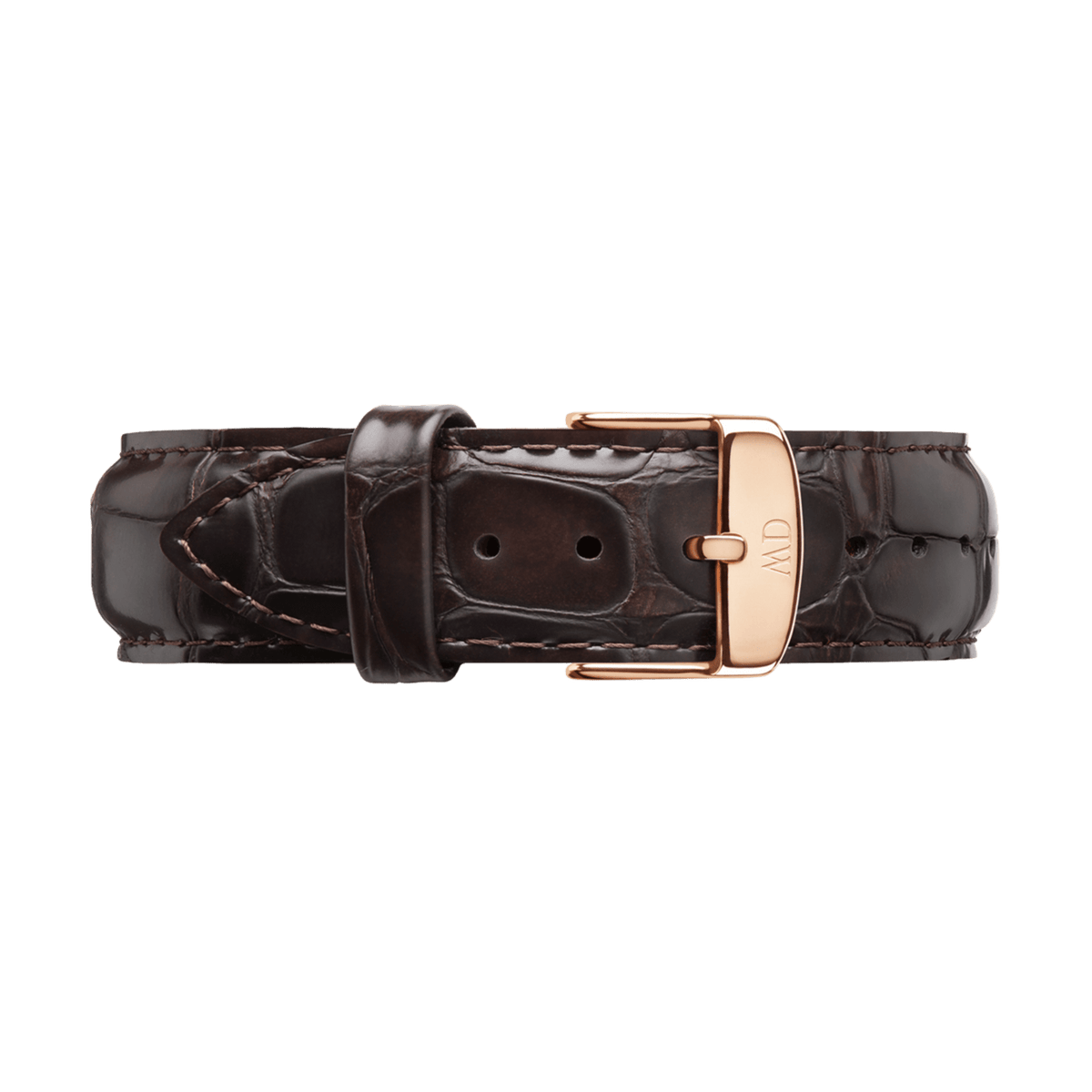 York Strap Rose Gold in glossy dark brown croc-embossed leather, finished with a rose gold buckle engraved with the Daniel Wellington logo and neat stitching for a polished, elegant style.