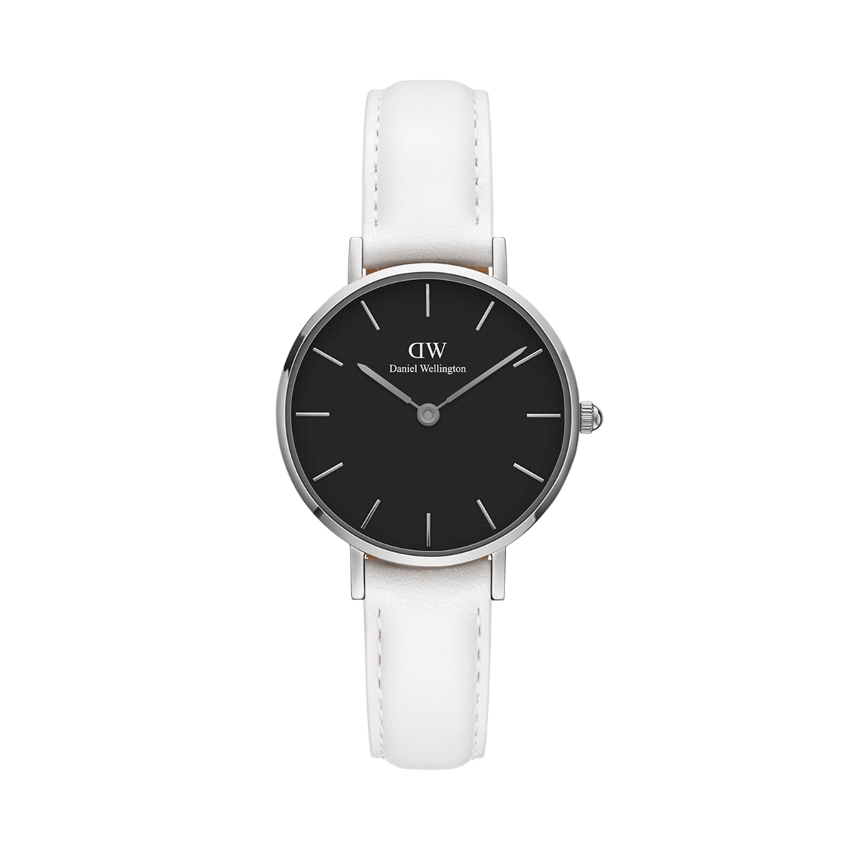 Petite Bondi Black Silver watch with a sleek black dial, minimalist silver markers, and a crisp white leather strap in a polished stainless steel case.