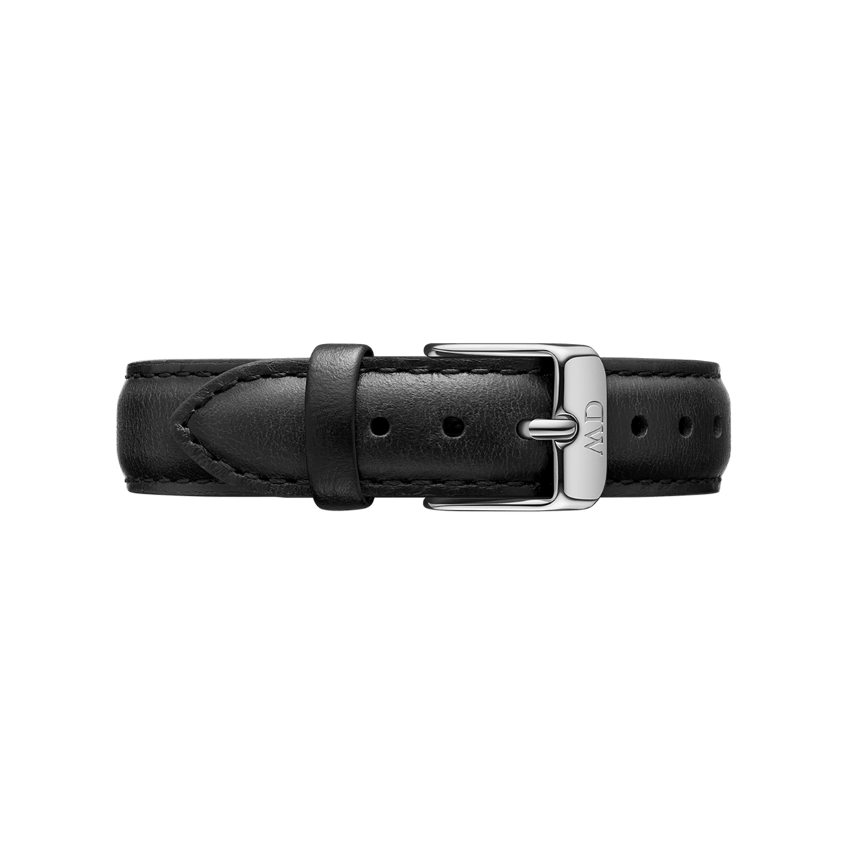 Black leather watch strap with subtle stitching and a polished silver buckle, designed for Daniel Wellington timepieces and featuring a smooth, refined finish.