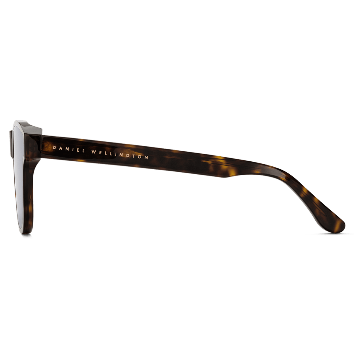 Side view of Ambler Bio-Acetate Dark Havana sunglasses, highlighting the slim tortoiseshell frame and gold Daniel Wellington logo along the arm.