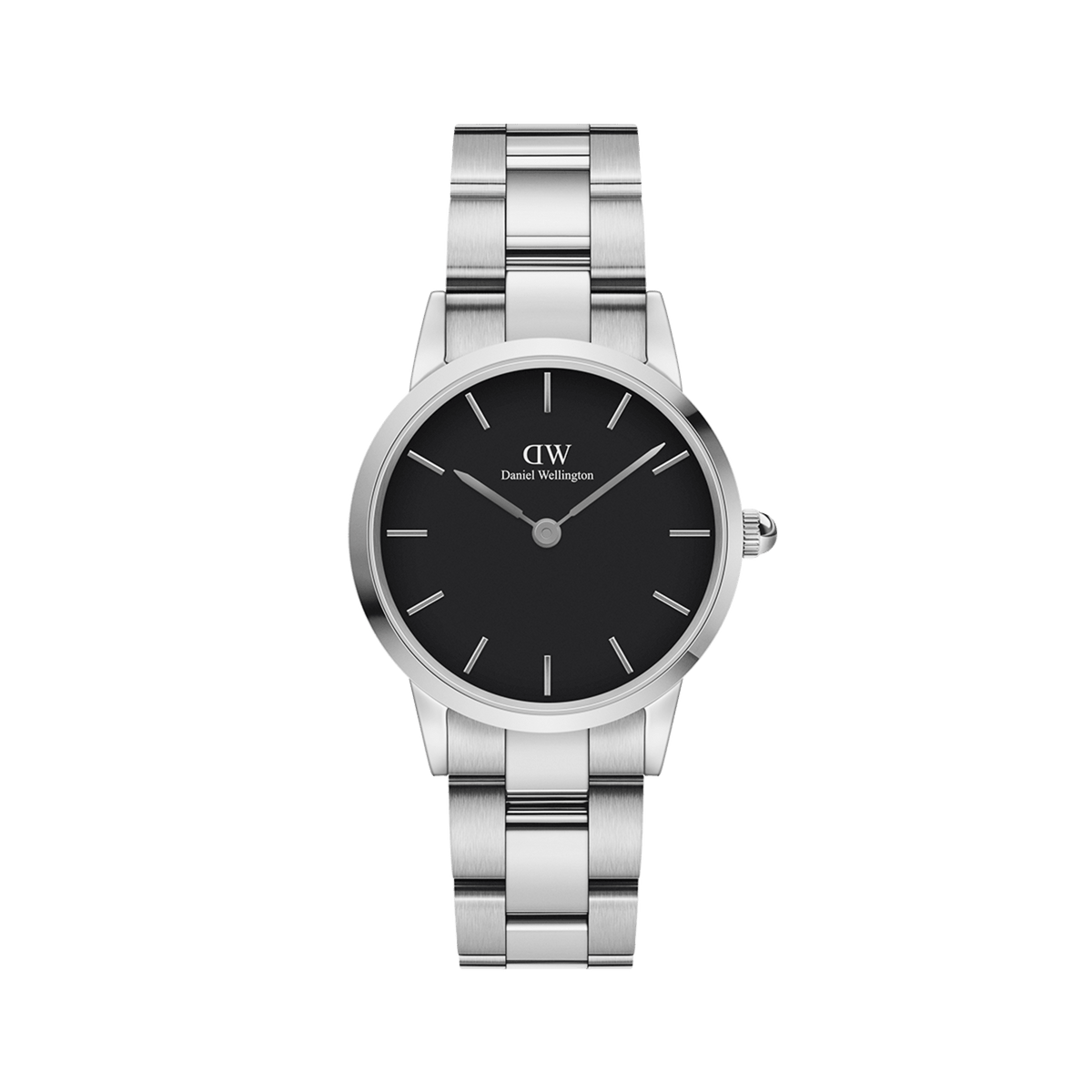 Daniel Wellington Iconic Link Silver watch with black dial and stainless steel bracelet, classic minimalist design for everyday wear.