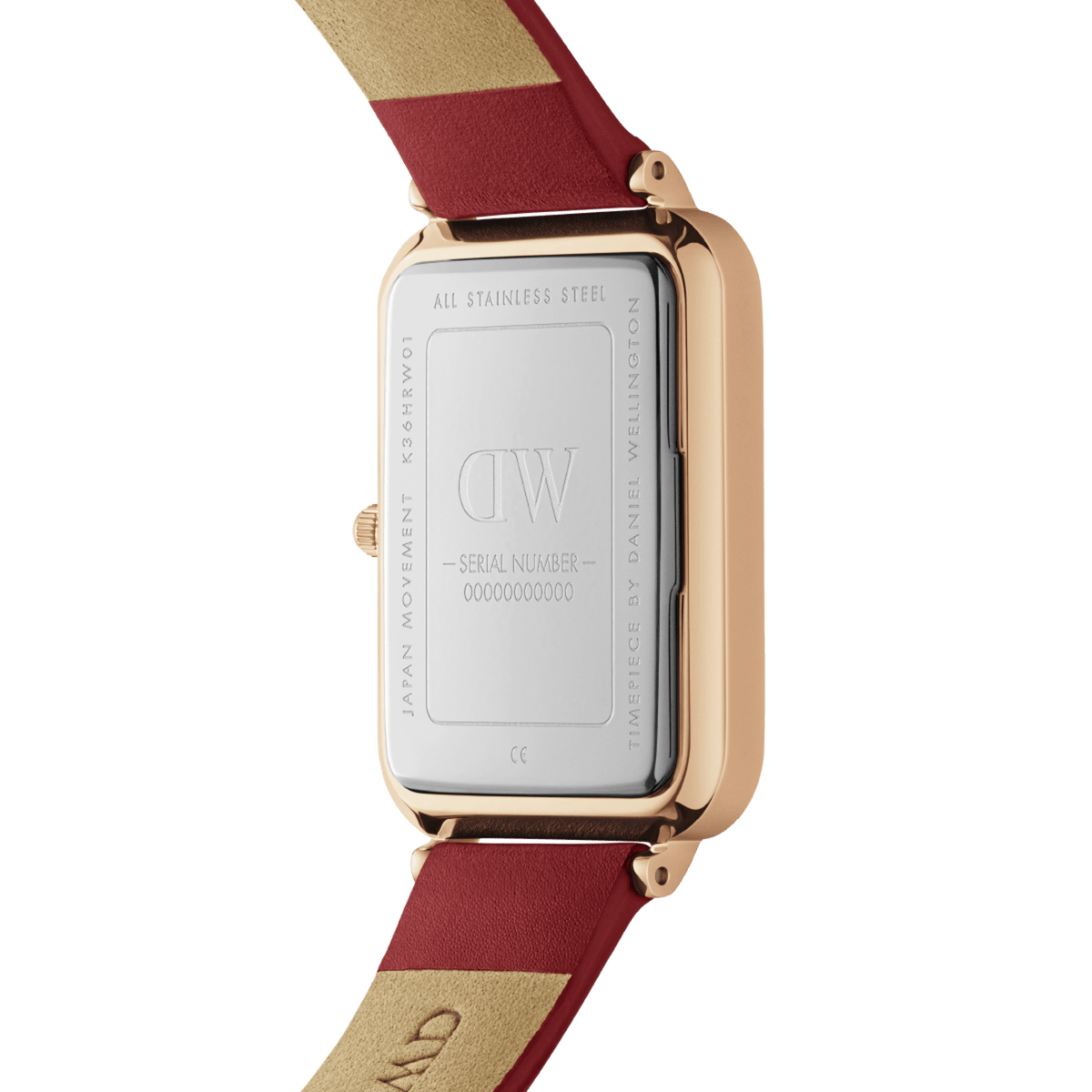Rear view of the Quadro Pressed Suffolk W 29x36,5 watch, showing the engraved stainless steel case back and cherry blush red pressed leather strap with beige lining.