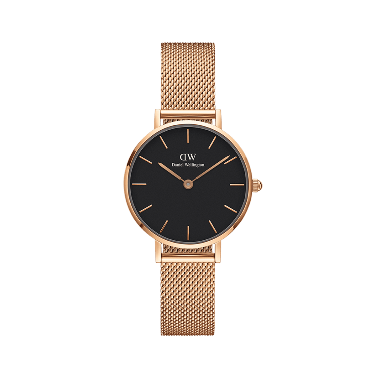 Daniel Wellington Petite Melrose watch with black dial, slim rose gold markers, and petite rose gold mesh strap for women.