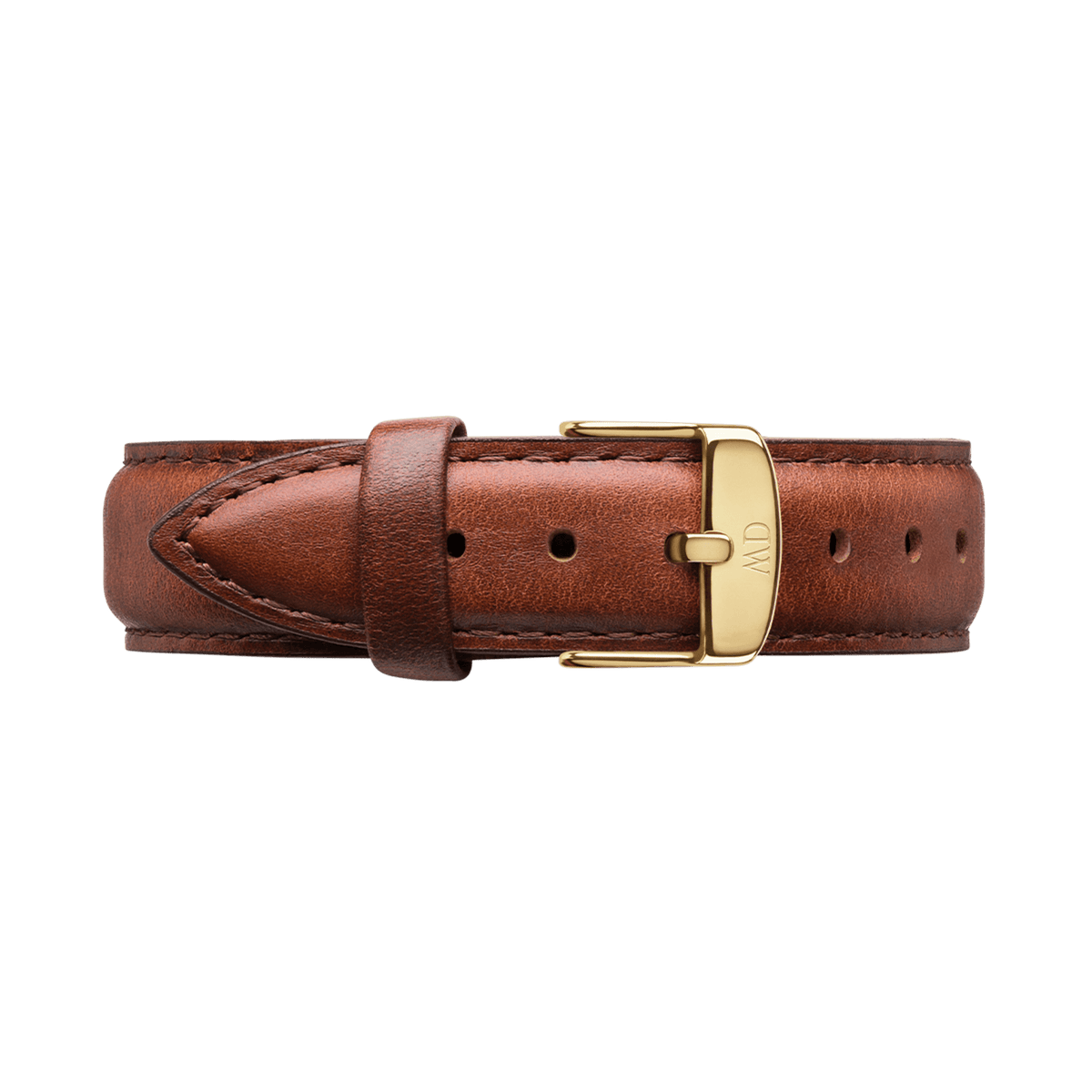 Rich brown leather watch strap with detailed stitching and a polished gold buckle engraved with subtle branding, designed for a classic and refined finish.