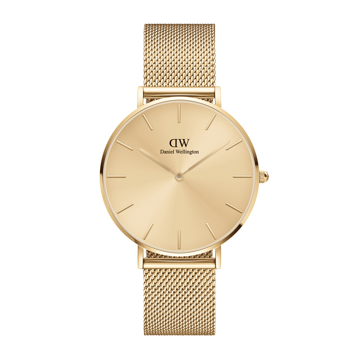 Daniel Wellington Petite Unitone Gold watch with gold mesh strap, minimalist gold dial and polished stainless steel case.
