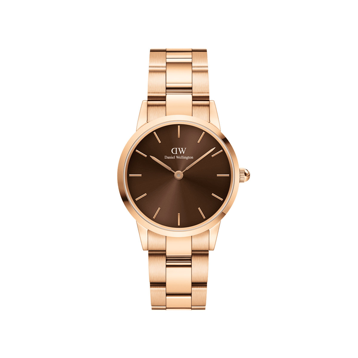 Daniel Wellington Iconic Link Amber features a rose gold stainless steel bracelet with an amber brown sunray dial and minimalist hour markers.