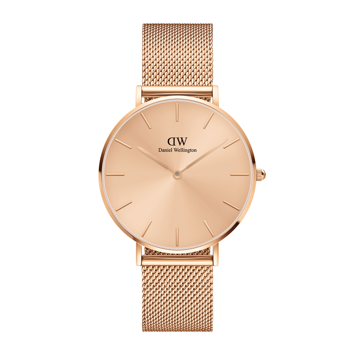 Rose gold Petite Unitone women’s watch featuring a 28mm round dial, minimalist face and an elegant mesh strap.