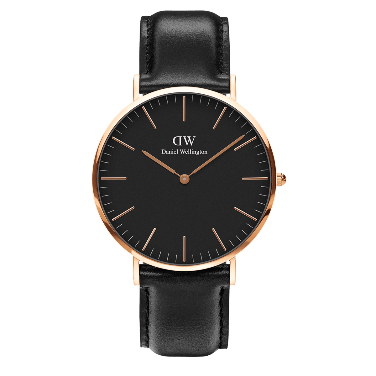 Classic Sheffield Black Rose Gold watch featuring a minimalist black dial, rose gold case, and a genuine black leather strap.