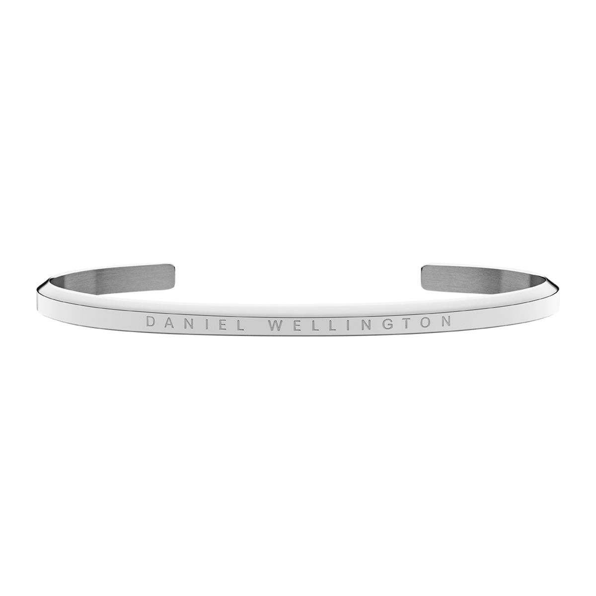 Slim silver open cuff bracelet with a polished finish and engraved Daniel Wellington logo on the front.