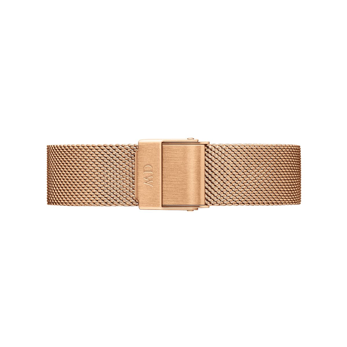 Rose gold mesh watch strap with a polished finish, featuring a fold-over clasp and fine stainless steel weave for a sophisticated, adjustable fit.