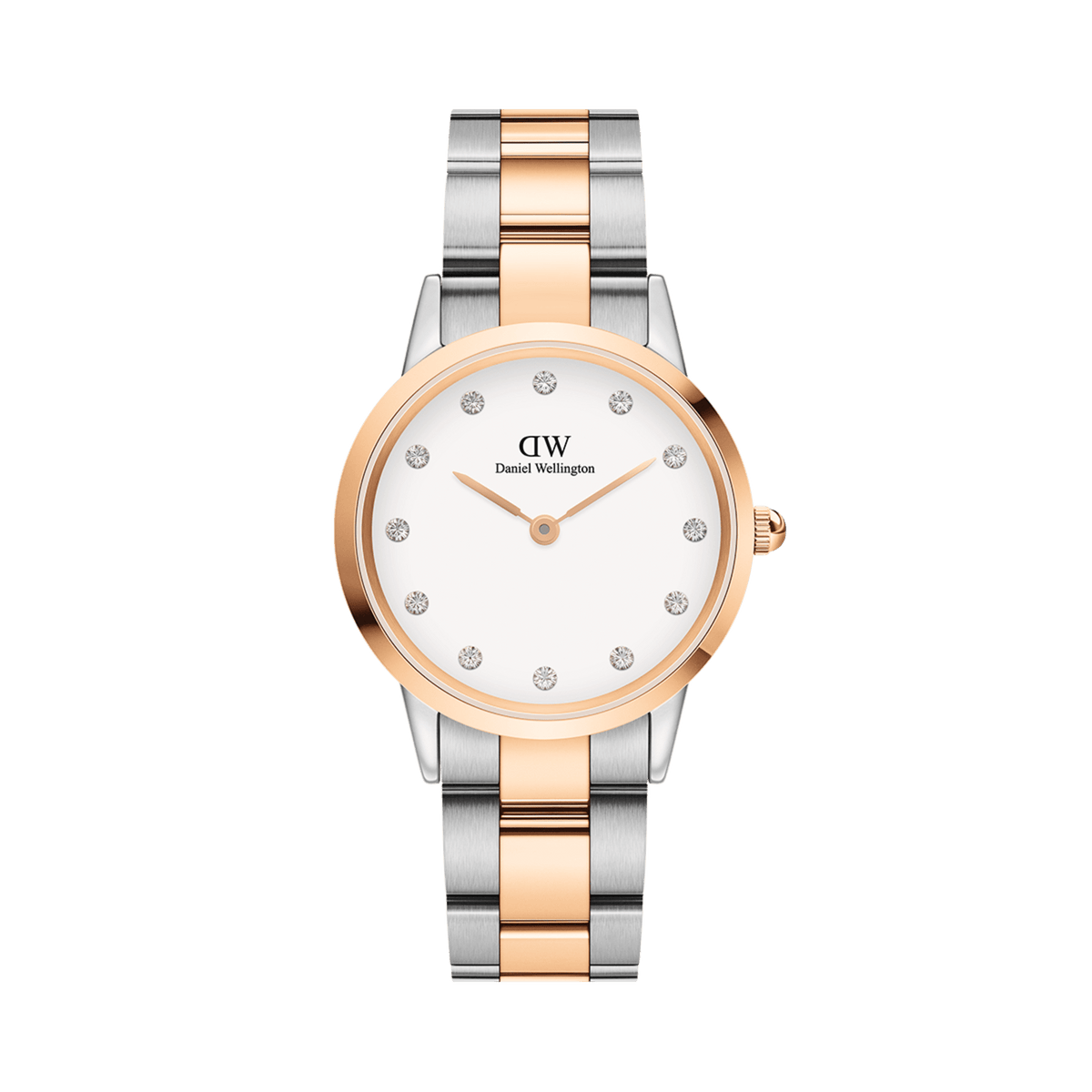 Elegant Daniel Wellington Iconic Link Lumine watch featuring a round eggshell white dial with sparkling crystal indexes, set in a polished two-tone stainless steel bracelet with rose gold-plated accents.