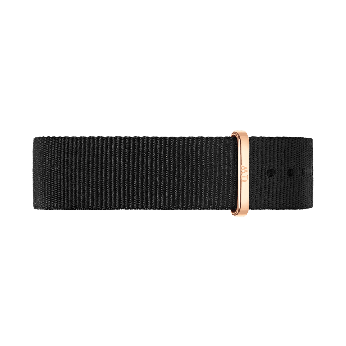 Black polyester NATO watch strap with a rose gold buckle and loop, featuring a sleek, minimalist design suitable for both men’s and women’s Daniel Wellington watches.
