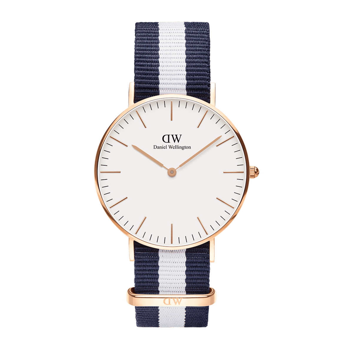 Classic Glasgow Rose Gold watch with a slim rose gold case, minimalist white dial, and a navy and white striped NATO strap.