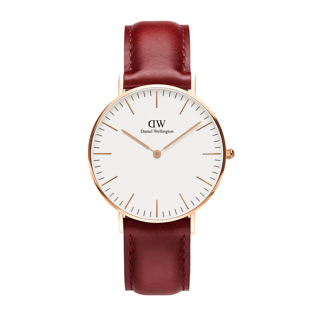 Classic Suffolk watch with a slim rose gold case, minimalist eggshell white dial, and a burgundy genuine leather strap.