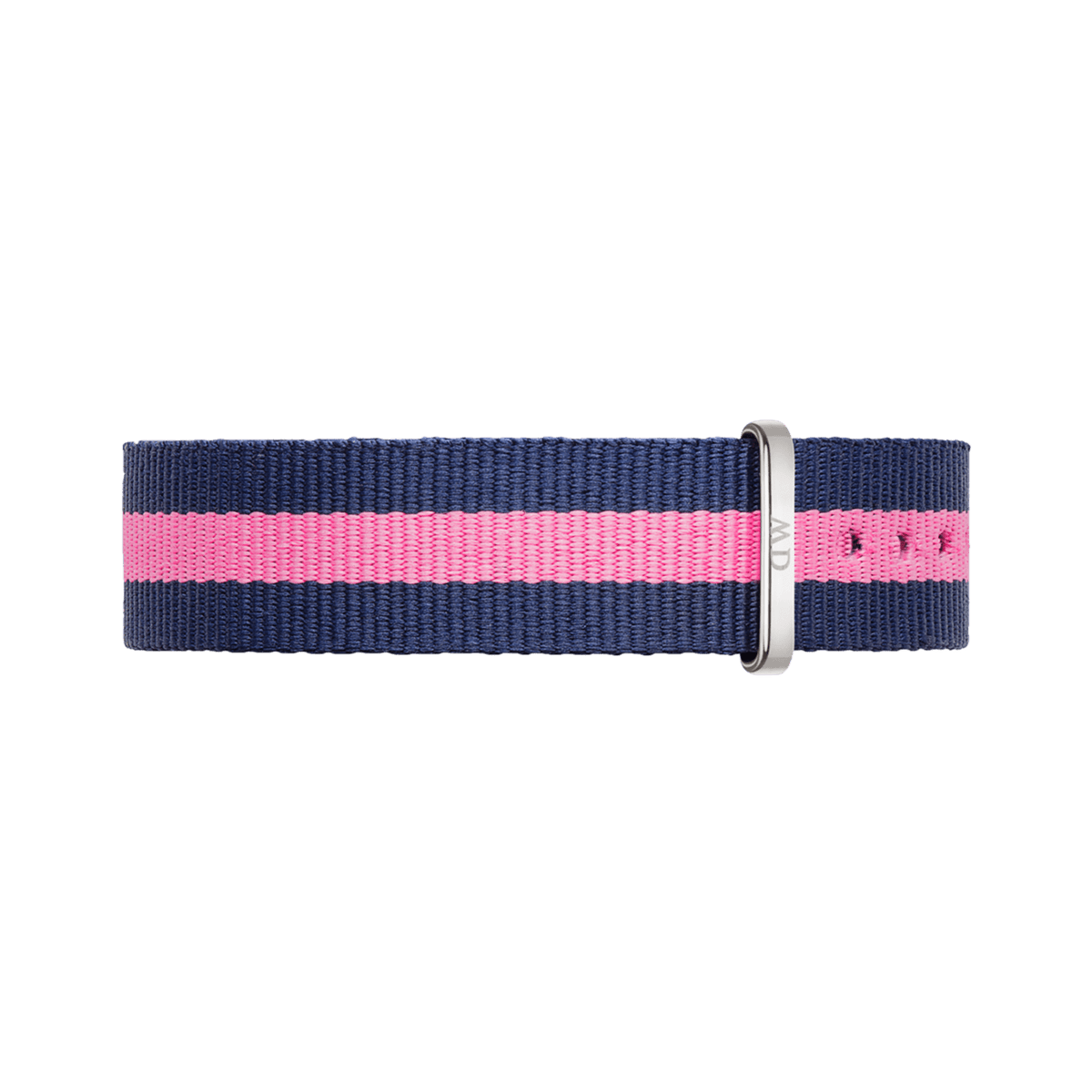 Navy blue and pink striped NATO watch strap made from durable polyester, featuring a polished silver buckle and an adjustable fit, designed for 36mm dial watches.