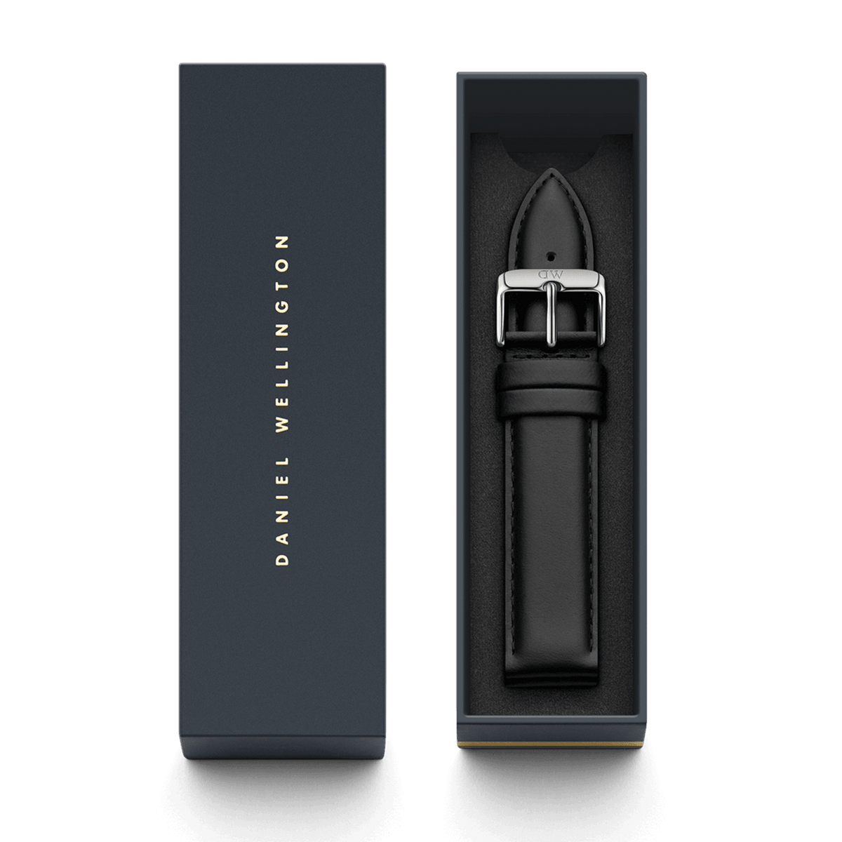 Sheffield Strap Silver XL black leather watch strap with a polished silver buckle, presented in a sleek Daniel Wellington gift box.