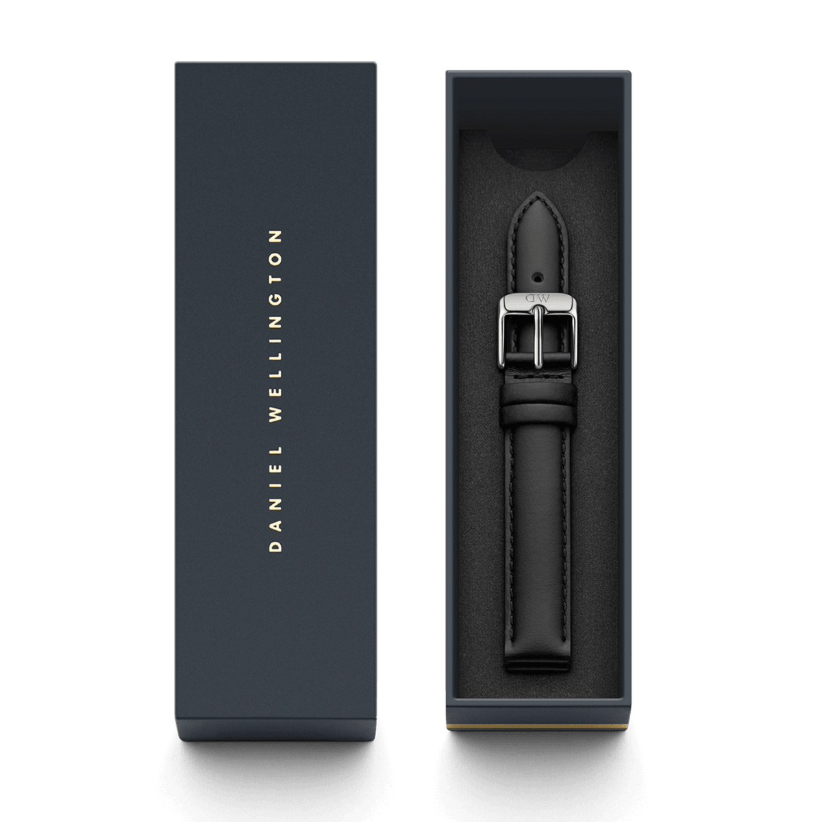 Sheffield Strap Silver presented in a sleek Daniel Wellington gift box, featuring smooth black leather with subtle stitching and a polished silver buckle, ideal as a stylish replacement watch strap.