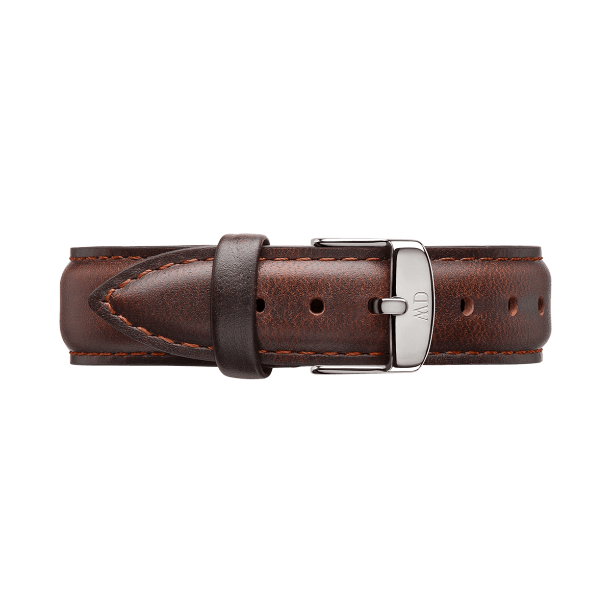 Bristol Strap Silver crafted from dark brown leather with contrast stitching and a polished silver buckle, designed to fit Daniel Wellington watches for a refined, timeless look.