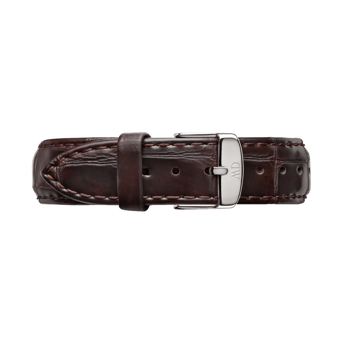 York Strap Silver dark brown croc-embossed leather watch band with polished silver buckle, ideal for 32mm Daniel Wellington watches.