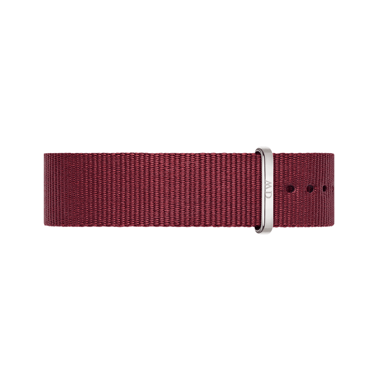 Ruby red Daniel Wellington Roselyn NATO watch strap with polished silver buckle and DW engraving, durable polyester band.