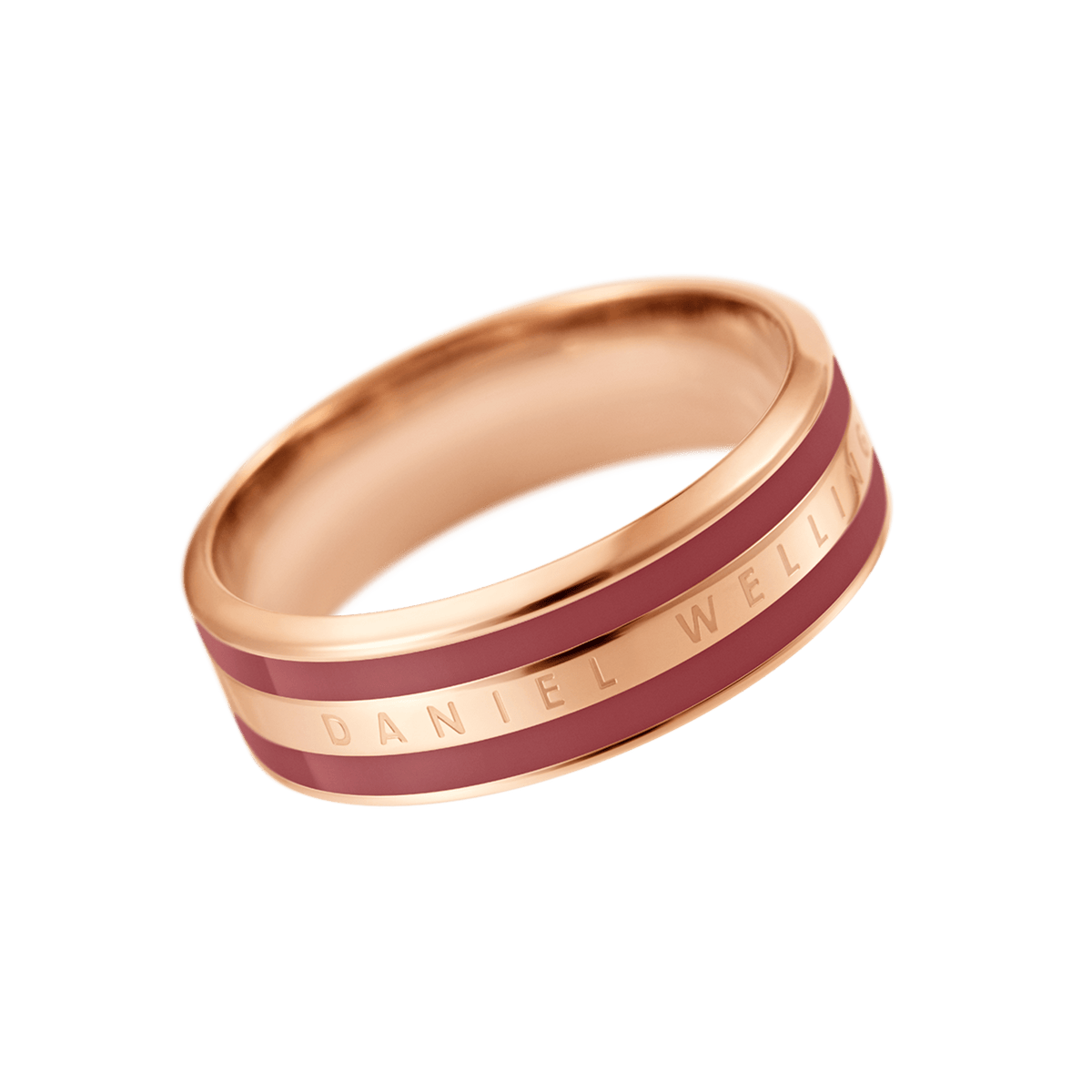 Rose gold ring with a deep cherry blush enamel inlay, featuring the engraved Daniel Wellington logo and a smooth, polished finish.
