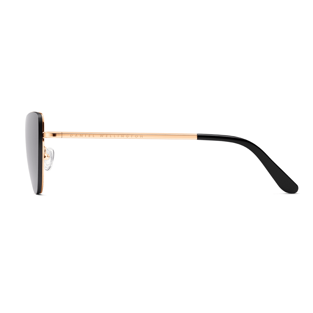Side view of Lynx Steel Black sunglasses showing the slim rose gold stainless steel arm, black acetate temple tip, and adjustable silicone nose pad.