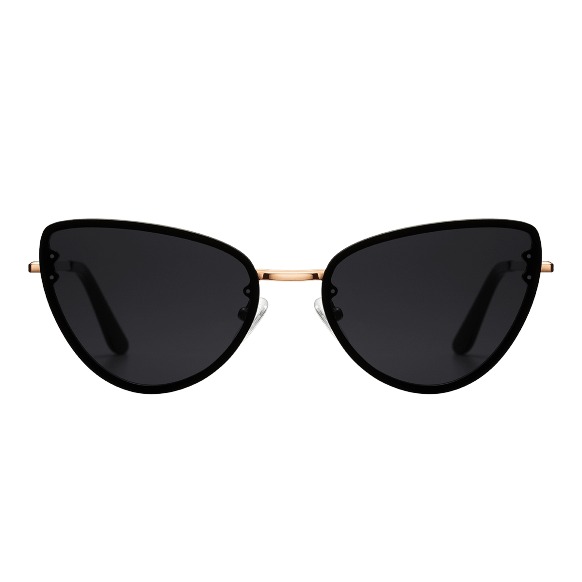 Cat eye sunglasses with bold black nylon lenses and a rose gold stainless steel frame, featuring adjustable nose pads and sleek temple tips.