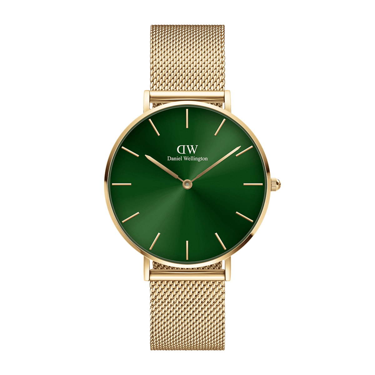 Daniel Wellington Petite Emerald Gold women’s watch with emerald green dial and gold mesh strap, classic minimalist design.