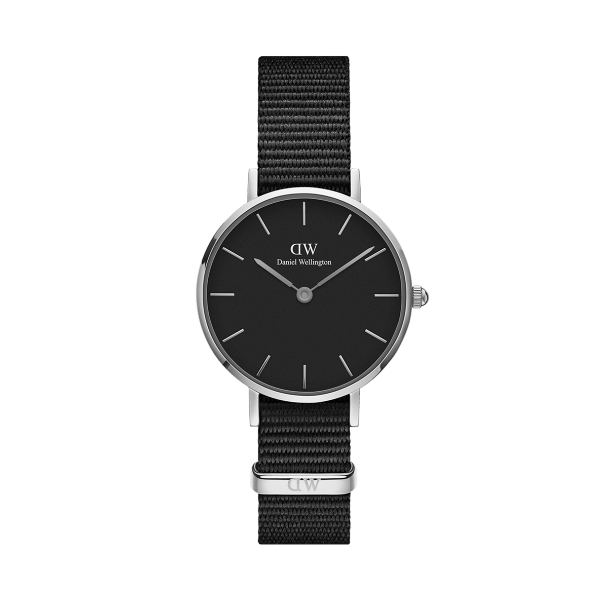 Petite Cornwall Black Silver women’s watch featuring a minimalist black dial, polished silver stainless steel case, and a black NATO fabric strap with silver hardware.