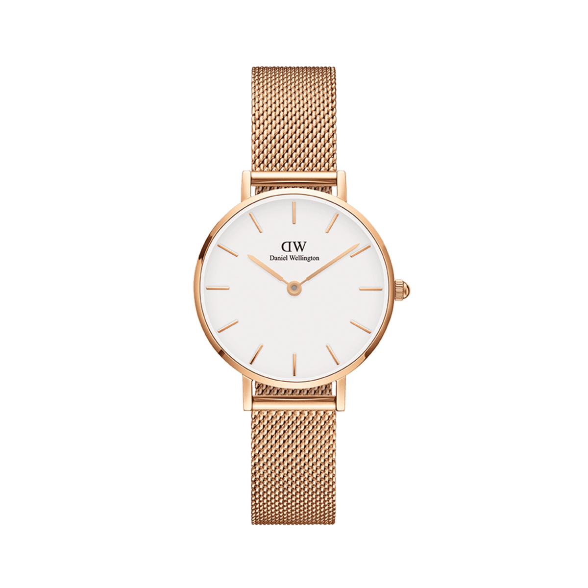 Petite Melrose women’s watch in rose gold with a mesh strap, minimalist white dial, and slim hour markers by Daniel Wellington.